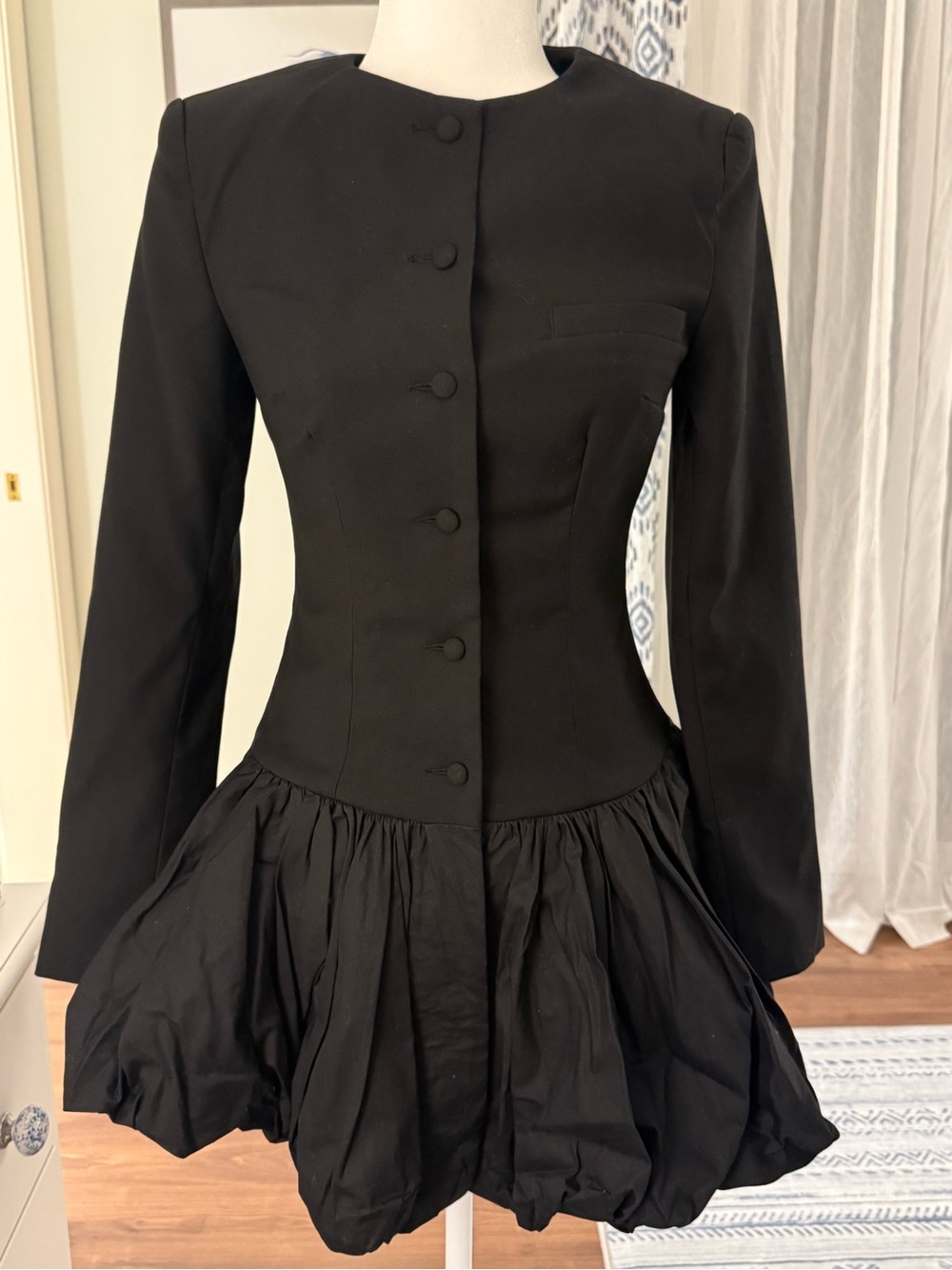 Black Long-Sleeve Buttoned Fit-and-Flare Bubble-Hem Dress